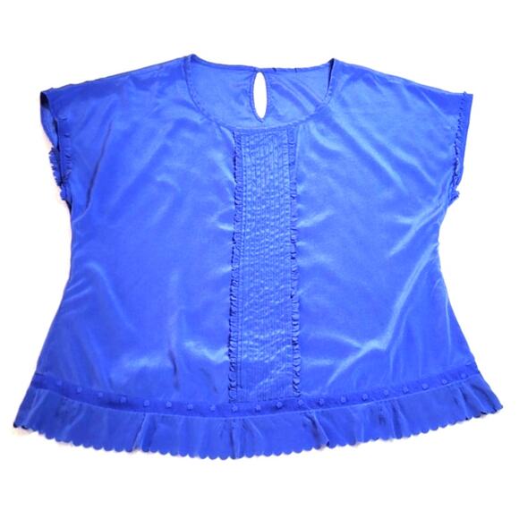 Womens Elevated Blue Silk Short Sleeve Top Blouse Sz L Lace Ruffles Detailing - Picture 6 of 11